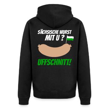 Sächsische Wurst mit U Uffschnitt Sachsen Ossi - Unisex Premium Bio Zip Hoodie - Schwarz - Hinten - Nico (187cm)