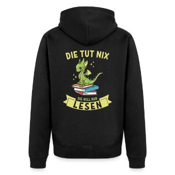 Die tut nix, die will nur lesen - Book Dragon - Unisex Premium Bio Zip Hoodie - Schwarz - Hinten - Nico (187cm)