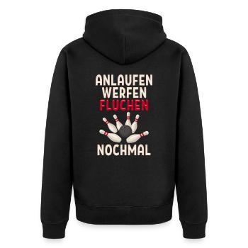 anlaufen werfen fluchen nochmal lustiges Bowling - Unisex Premium Bio Zip Hoodie - Schwarz - Hinten - Nico (187cm)