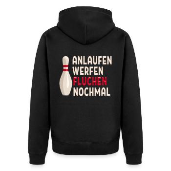 anlaufen werfen fluchen nochmal lustiges Bowling - Unisex Premium Bio Zip Hoodie - Schwarz - Hinten - Nico (187cm)
