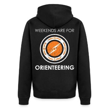 Wochenenden sind für Orientierungslauf Design - Unisex Premium Bio Zip Hoodie - Schwarz - Hinten - Nico (187cm)