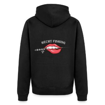 HECHT FISHING FISCHER DESIGN - Unisex Premium Bio Zip Hoodie - Schwarz - Hinten - Nico (187cm)