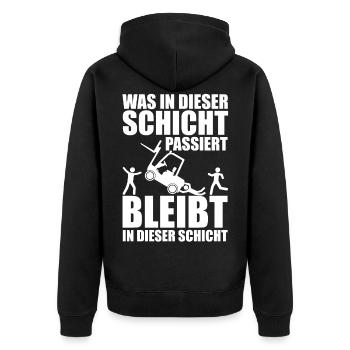 Was in dieser Schicht passiert bleibt hier Arbeit - Unisex Premium Bio Zip Hoodie - Schwarz - Hinten - Nico (187cm)