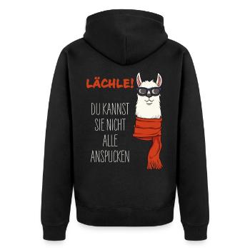 Alpaka - Lächle! du kannst sie nicht alle töten - Unisex Premium Bio Zip Hoodie - Schwarz - Hinten - Nico (187cm)