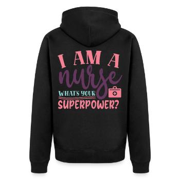 Ich bin eine Krankenschwester Was ist deine Supermacht Lustiges Zitat - Unisex Premium Bio Zip Hoodie - Schwarz - Hinten - Nico (187cm)