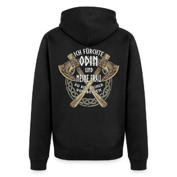 Ich fürchte Odin und meine Frau Wikinger - Unisex Premium Bio Zip Hoodie - Schwarz - Hinten - Nico (187cm)