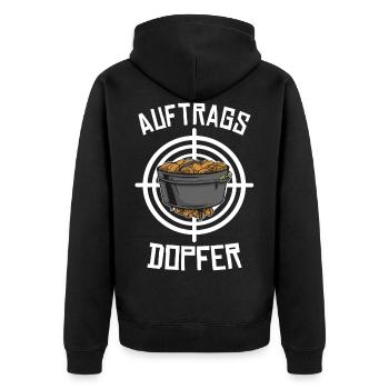 Auftragsdopfer dopfen Dutch Oven Spruch - Unisex Premium Bio Zip Hoodie - Schwarz - Hinten - Nico (187cm)
