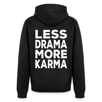 More Karma Less Drama Karma Lustiger Spruch - Unisex Premium Bio Zip Hoodie - Schwarz - Hinten - Nico (187cm)
