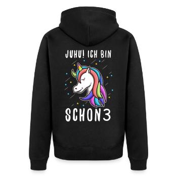 Ich bin schon 3 Einhorn - Unisex Premium Bio Zip Hoodie - Schwarz - Hinten - Nico (187cm)