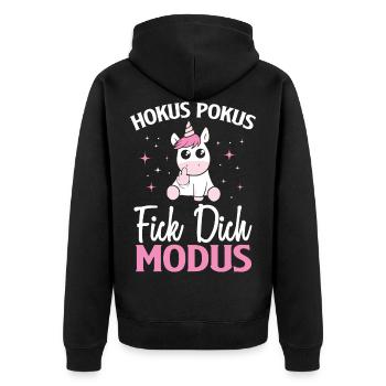 Einhorn Hokus Pokus Fick Dich Modus Einhorn - Unisex Premium Bio Zip Hoodie - Schwarz - Hinten - Nico (187cm)