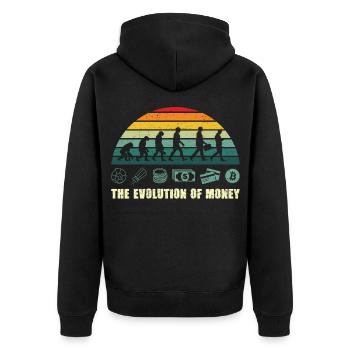 The Evolution Of Money BTC Bitcoin Crypto - Unisex Premium Bio Zip Hoodie - Schwarz - Hinten - Nico (187cm)