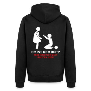 Er ist der Depp Outfit Männer Junggesellenabschied - Unisex Premium Bio Zip Hoodie - Schwarz - Hinten - Nico (187cm)