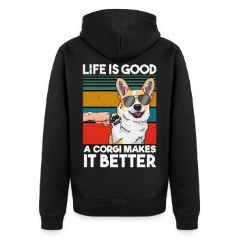 Life Is Good A Corgi Makes It Better Hund - Unisex Premium Bio Zip Hoodie - Schwarz - Hinten - Nico (187cm)