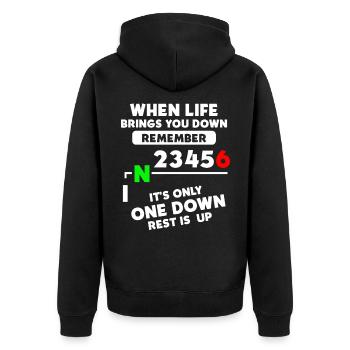 Wenn das Leben dich nach unten bringt, gibt es nur - Unisex Premium Bio Zip Hoodie - Schwarz - Hinten - Nico (187cm)