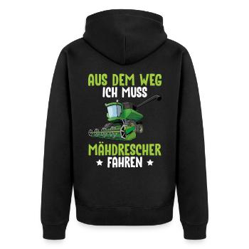 Aus Dem Weg Ich Muss Mähdrescher Fahren - Unisex Premium Bio Zip Hoodie - Schwarz - Hinten - Nico (187cm)