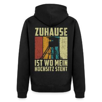 Zuhause ist wo mein Hochsitz steht - Unisex Premium Bio Zip Hoodie - Schwarz - Hinten - Nico (187cm)