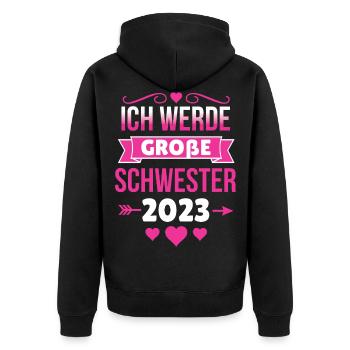 Bald Große Schwester 2023 - Unisex Premium Bio Zip Hoodie - Schwarz - Hinten - Nico (187cm)