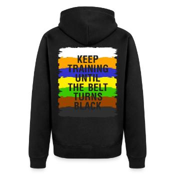Kyokushin Karate trainiere bis zum Gürtel - Unisex Premium Bio Zip Hoodie - Schwarz - Hinten - Nico (187cm)