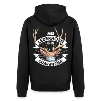 Mei Lederhosn is in Quarantäne Lederhose Ersatz - Unisex Premium Bio Zip Hoodie - Schwarz - Hinten - Nico (187cm)