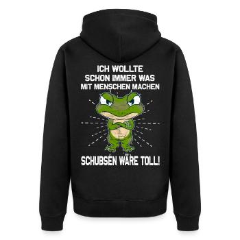 was mit Menschen machen - Amphibien Frosch - Unisex Premium Bio Zip Hoodie - Schwarz - Hinten - Nico (187cm)