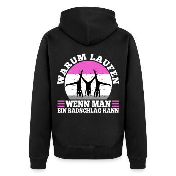 Warum Laufen wenn man ein Radschlag kann - Unisex Premium Bio Zip Hoodie - Schwarz - Hinten - Nico (187cm)