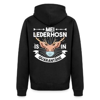 Mei Lederhosn is in Quarantäne Lederhose Ersatz - Unisex Premium Bio Zip Hoodie - Schwarz - Hinten - Nico (187cm)