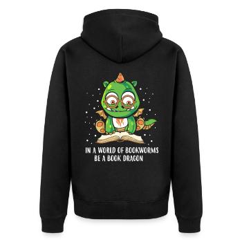 In A World Of Bookworms Be A Book Dragon - Unisex Premium Bio Zip Hoodie - Schwarz - Hinten - Nico (187cm)