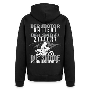 Der Motor Rattert - lustige ddr Moped Sprüche - Unisex Premium Bio Zip Hoodie - Schwarz - Hinten - Nico (187cm)