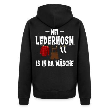 Mei Lederhosn is in da Wäsch Tracht - Unisex Premium Bio Zip Hoodie - Schwarz - Hinten - Nico (187cm)