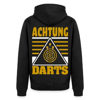 Achtung Darts Motiv mit Dartboard und Dartpfeilen - Unisex Premium Bio Zip Hoodie - Schwarz - Hinten - Nico (187cm)