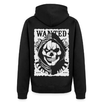 Wanted Skull Pullover Hoodie Poster - Unisex Premium Organic Zip Hoodie - black - Back - Nico (187cm)