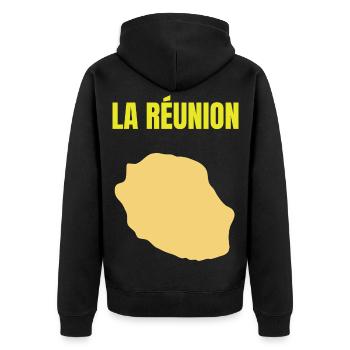 T-Shirt mit goldener Karte auf der Insel La Réunion - Unisex Premium Bio Zip Hoodie - Schwarz - Hinten - Nico (187cm)