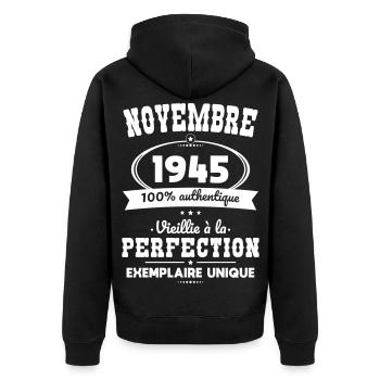 80th Birthday - November 1945 Perfection - Unisex Premium Organic Zip Hoodie - black - Back - Nico (187cm)