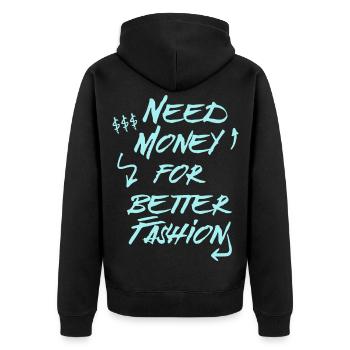 Need Money for Better Fashion – Trend Hoodie - Unisex Premium Bio Zip Hoodie - Schwarz - Hinten - Nico (187cm)