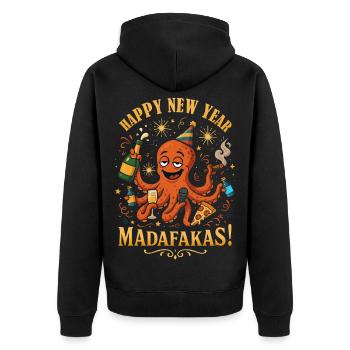 Happy New Year Madafakas – Silvester Oktopus - Unisex Premium Bio Zip Hoodie - Schwarz - Hinten - Nico (187cm)