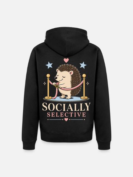Socially selective hedgehog with humor - Unisex Premium Organic Zip Hoodie - black