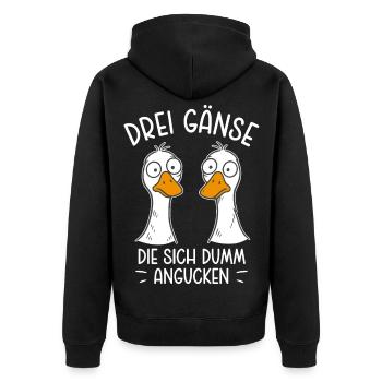Drei Gänse die sich dumm angucken - Dumme Gans - Unisex Premium Bio Zip Hoodie - Schwarz - Hinten - Nico (187cm)