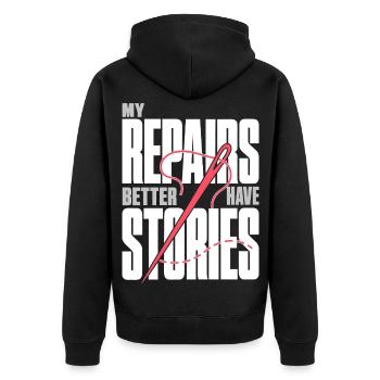 Nähen – My Repairs Better Have Stories - Unisex Premium Bio Zip Hoodie - Schwarz - Hinten - Nico (187cm)