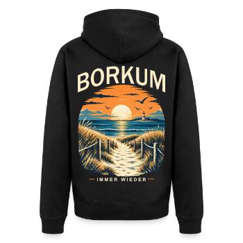 Borkum Nordsee Retro Leuchtturm Dünen Küstenmotiv - Unisex Premium Bio Zip Hoodie - Schwarz - Hinten - Nico (187cm)