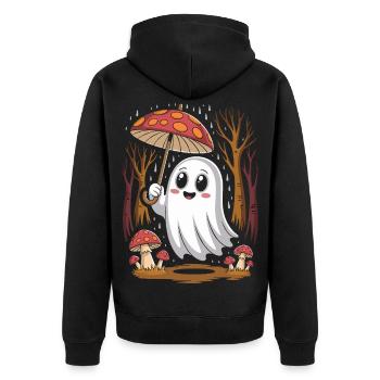 Fröhlicher Geist mit Pilzschirm im Wald - Unisex Premium Bio Zip Hoodie - Schwarz - Hinten - Nico (187cm)