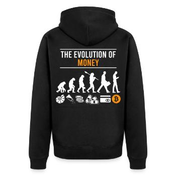 Crypto BTC Bitcoin The Evolution Of Money - Unisex Premium Bio Zip Hoodie - Schwarz - Hinten - Nico (187cm)