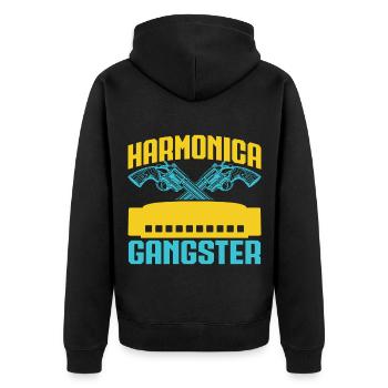 Funny Harmonica Player Gangster Harmonica - Unisex Premium Bio Zip Hoodie - Schwarz - Hinten - Nico (187cm)
