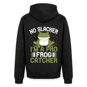 Frog Catcher No Slacker A Pro Frog - Unisex Premium Organic Zip Hoodie - black - Back - Nico (187cm)