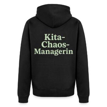 Kita Chaos Managerin (salbeigrün) - Unisex Premium Bio Zip Hoodie - Schwarz - Hinten - Nico (187cm)