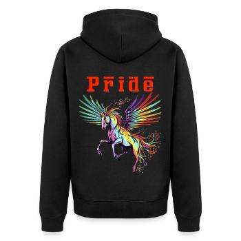 Fahre mit Stolz Majestätischer Regenbogen Pegasus Blutrot - Unisex Premium Bio Zip Hoodie - Schwarz - Hinten - Nico (187cm)