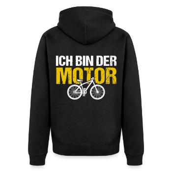 ICH BIN DER MOTOR Anti E-Bike Humor Fahrrad - Unisex Premium Bio Zip Hoodie - Schwarz - Hinten - Nico (187cm)