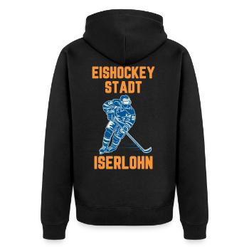 Eishockey Stadt ISERLOHN - Unisex Premium Bio Zip Hoodie - Schwarz - Hinten - Nico (187cm)