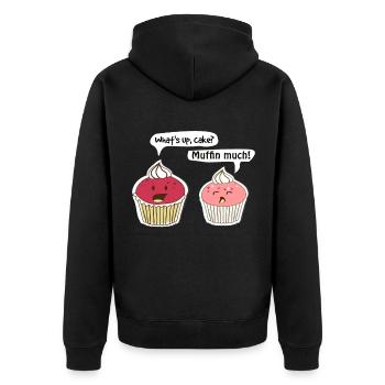Muffin Konversation - Unisex Premium Bio Zip Hoodie - Schwarz - Hinten - Nico (187cm)