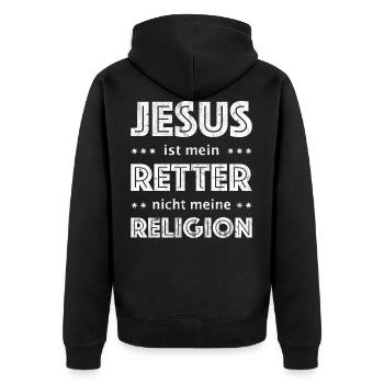 Jesus ist mein Retter nicht meine Religion - Unisex Premium Bio Zip Hoodie - Schwarz - Hinten - Nico (187cm)