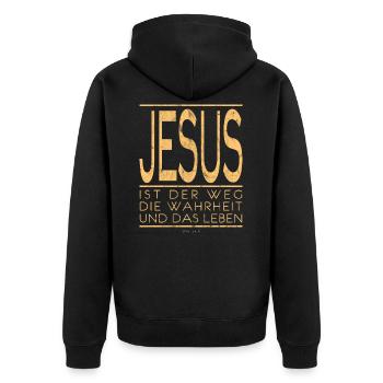 Jesus ist der Weg die Wahrheit und das Leben - Unisex Premium Bio Zip Hoodie - Schwarz - Hinten - Nico (187cm)